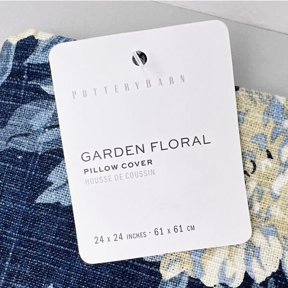 Pottery Barn Pillow Cover Garden Floral 24 x 24 Indigo Linen Blue Yellow Decor - Picture 2 of 6